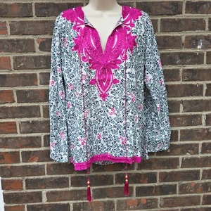 Camisa Top Blusa TAJ by Sabrina Crippa Talla M Rosa Negra Blanca 100% Seda Con Cuentas - Imagen 1 de 8