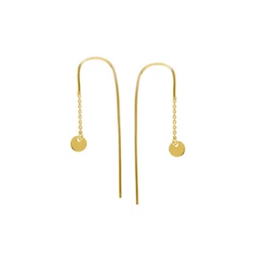14K Solid Yellow Gold 4MM Dangle Disk/ Dics Dangle Drop Threader Earrings - Picture 1 of 1