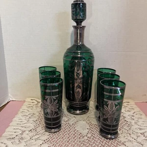 BEAUTIFUL GREEN VENETIAN MURANO GLASS DECANTER &6 GLASSES SILVER OVERLAY - Picture 1 of 19