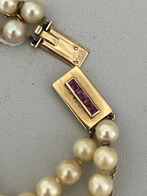 6536- Collana Perle Akoya 2 Fila Chiusura Oro Giallo Rubino Sintetico - Immagine 1 di 4