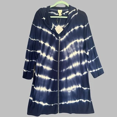 NWT Chico's Zenergy Tie Dye Jacket Hooded Zip Long Cardigan Size XL (3) Blue - Image 1 of 4