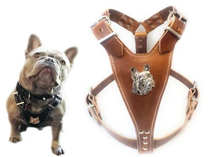 Pettorina per cani in pelle marrone con testa di bulldog francese per Frenchies completamente cresciuti - Foto 1 di 2