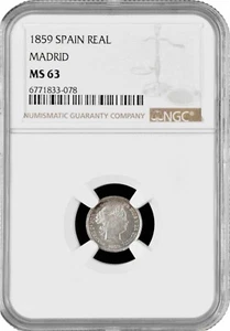 Spain 1 real 1859, NGC MS63 MADRID, "Queen Isabel II (1847 - 1864)" silver coin - Picture 1 of 2