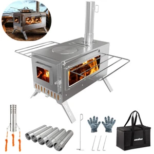 Tent Stove Portable Camping Wood Stoves Stainless Steel with Chimney Pipes & Bag - Picture 1 of 18
