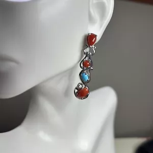 Sterling Silver Mediterranean Coral , Sleeping Beauty Linear Earrings - Picture 1 of 9
