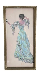 Vintage viktorianische Damenmode gerahmte Kunst 70er Jahre ca. 12x 6" blaues Kleid geblümt - Bild 1 von 7