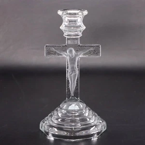 Homco INRI Jesus on Crucifix Glass Candlestick Holder 7 1/4" Vintage - Picture 1 of 6