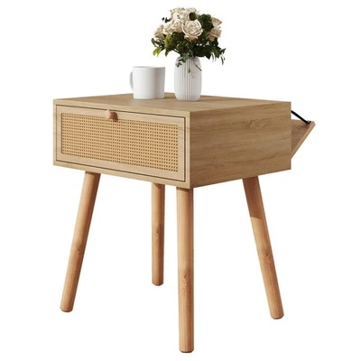 Comodini Scomparto Nascosto, Comodino in Rattan con Gambe in Legno, Lato Boho T... - Immagine 1 di 4
