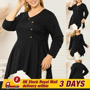 Plus Size Womens V Neck Tops T-Shirt Long Sleeve Ruffle Elastic Waist Blouse - Picture 1 of 16