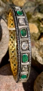 Brazalete de plata esterlina de diamantes naturales y esmeralda Polki joyería victoriana - Imagen 1 de 2