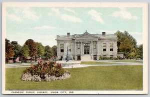 Union City Indiana~Fountain @ Carnegie Library~Big Flower Bed~4 Columns~1920s PC - Picture 1 of 2