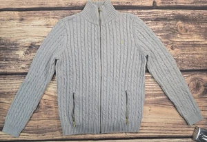 Ralph Lauren Womens Gray Cable-Knit Gold Zip Cardigan Sweater Logo Large Pre-own - Picture 1 of 15