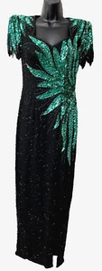 Vintage Alyce Designs Sequin Silk Beaded Formal Dress Gown Green Black 6 - Picture 1 of 17