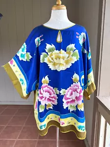 L XL CH 52" Seidentunika kobaltblau bunt geblümt 3/4 Kimonoärmel - Bild 1 von 12