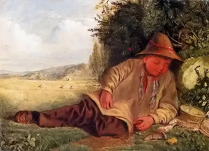 Oil painting James Smetham - afternoon rest child sleeping in landscape canvas - Picture 1 of 1