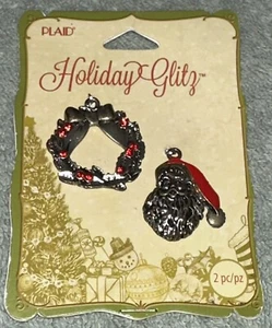 Vtg Plaid Holiday Glitz Christmas Charms NOS Wreath & Santa - Picture 1 of 5
