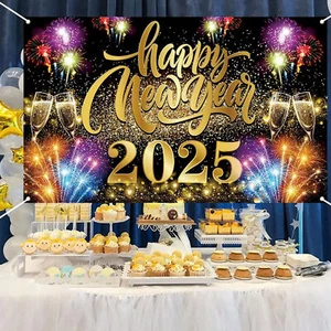 2025 Happy New Year Banner Black Gold Background Party Decoration New successful - Picture 1 of 5