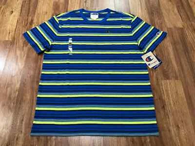 MÉDIO MASCULINO - Nova Camiseta Champion Alfaiataria Azul Limão Listrada Clássica Gola Redonda - Imagem 1 de 4