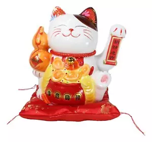 Japanese Lucky Charm White Beckoning Cat Maneki Neko With Waving Arm Statue 10" - Picture 1 of 9