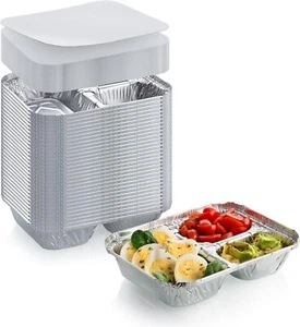 Disposable Aluminum Dinner Tray With Paper Lids “ 3 Compartment Foil Pan “ For O - Picture 1 of 3