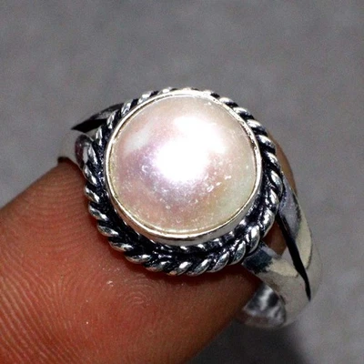 925 镀银珍珠戒指 手工制作 宝石 珠宝 尺寸 US 8.5 GW — 第 1/3 张图片