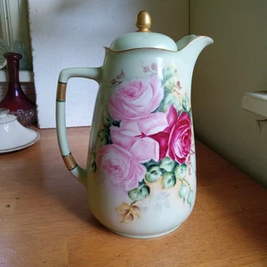 1890s BEAUTIFUL OHME SILESIA PORCELAIN CHOCOLATE POT HAND PAINTED ROSES ORIG.LID - Picture 1 of 10