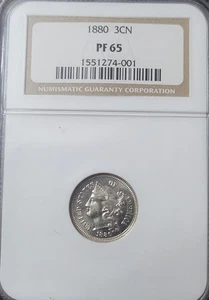  1880 3 THREE CENT NICKEL-SCARCE! NGC PF 65- PROOF- SATINY SURFACES! - Picture 1 of 6