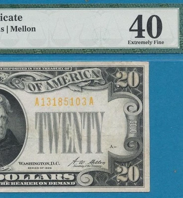 $20. 1928 GOLD SEAL GOLD CERTIFICATE PMG XF40 - Image 1 of 3