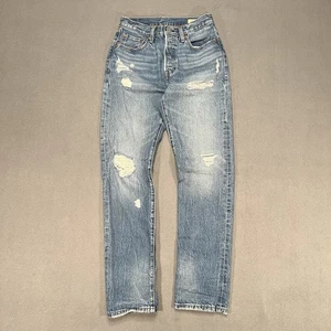 Levis 501 Selvedge Jeans Blue Distressed 27x32 150th Anniversary High Waisted - Picture 1 of 12
