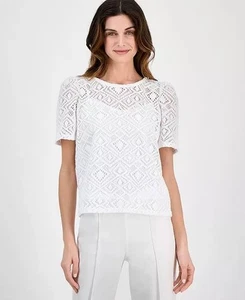 Anne Klein Spitzen Puffärmel Top - hellweiß, XL Regular - Neu mit Etikett - Bild 1 von 6