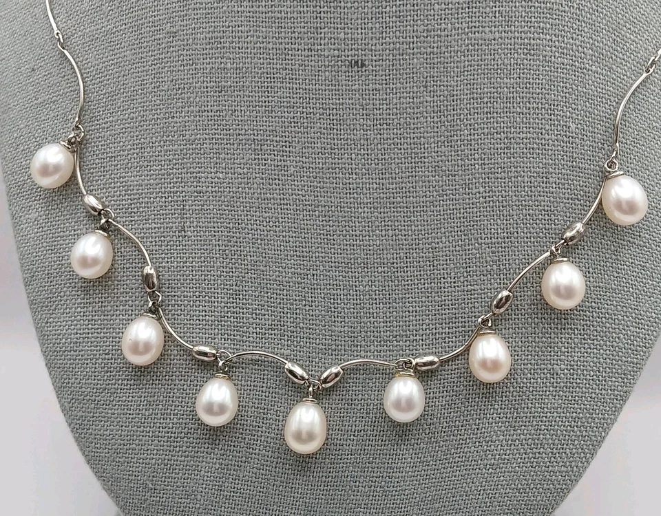 Collar colgante vintage de plata de ley 925 con cadena de eslabones de barra de 8 mm de perlas de 18" Foto 1 de 4