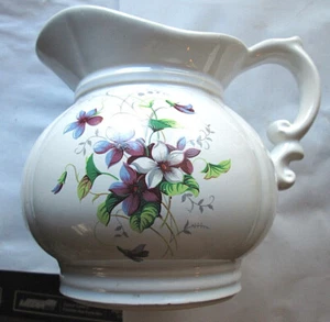 McCOY USA LLC 7528 FLORAL VIOLETS FLORAL PAINTED WHITE PORCELAIN PITCHER, USED - Picture 1 of 5