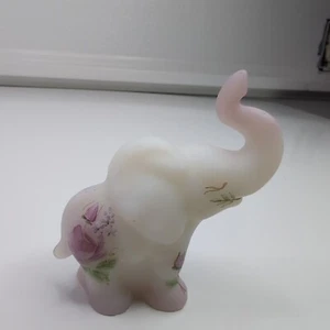 Fenton White Satin Flowers Standing ELEPHANT Trunk Up Signed S Fisher 3.75 In - Picture 1 of 13