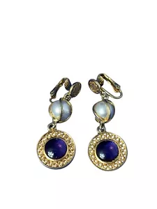 Vintage Dangle Clip On Earrings Goldtone Purple Cabochon Faux Pearl 2 inches - Picture 1 of 3