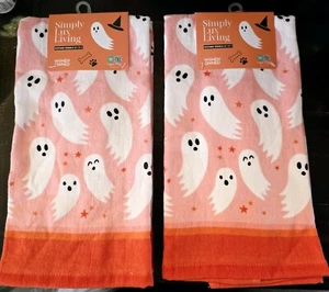 Halloween Pink Ghost Kitchen Towels Flying Ghosts Dish Pink Towels Set of 4 NEW - Picture 1 of 2