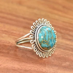 Copper Turquoise Ring, 925 Sterling Silver Ring, Round Jewelry, Dainty Ring - Picture 1 of 6