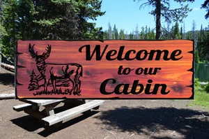 Personalized Custom Carved Cedar Wood Sign - Deer Scene -Rustic- Hunting- Cabin - Picture 1 of 3