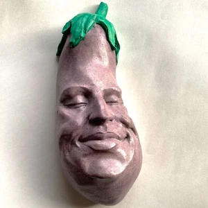 Cute Eggplant Wall Sculpture for Foodies and Collectors, Signed Art - Picture 1 of 12