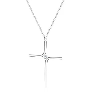 Women Girls Dainty Silver Stainless Steel Simple Cross CZ Pendant Necklace Chain - Picture 1 of 8