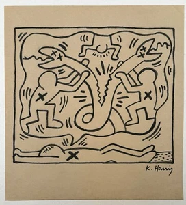 Keith Haring (Handmade) Drawing On old Paper Signed & Stamped, Vtg Art - Picture 1 of 4