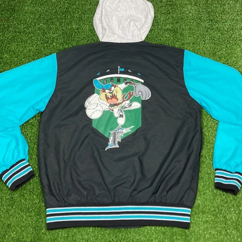 VTG 90s Youth L Florida Marlins MLB Looney Tunes Taz Double Side Baseball Jacket Cover