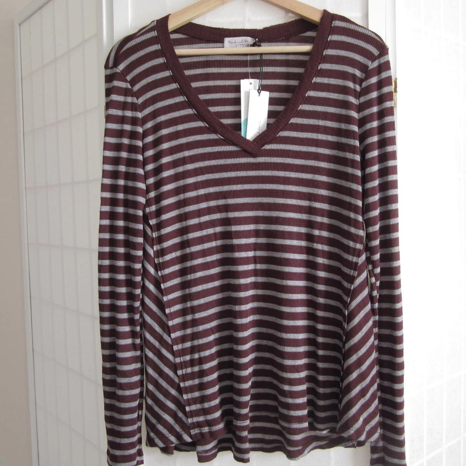Top para mujer Michael Stars mediano rojo a rayas térmico manga larga castaño rojizo nuevo con etiquetas Foto 1 de 4