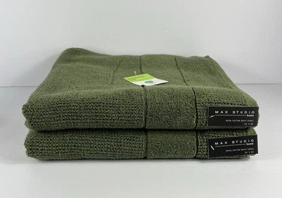 Juego de 2 toallas de baño Max Studio felpa verde oliva 100 % algodón 30" x 56" NUEVO Foto 1 de 4