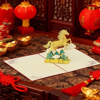Tarjetas de felicitación 3D 2026 Año del Caballo de Fuego semental dorado buena suerte 2 piezas Foto 1 de 4