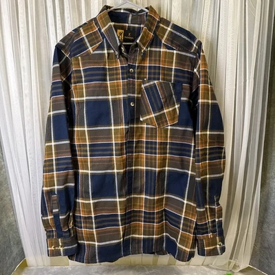 Browning клетку фланелевая рубашка 2XL мужской длинным рукавом тяжелый коричневый синий оранжевый - Изображение 1 из 4