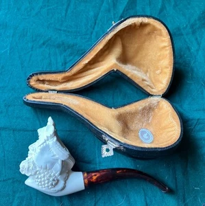 Vintage Meerschaum Carved Pipe Man Head Figural Grapes Smooth Shape With Case - Picture 1 of 9