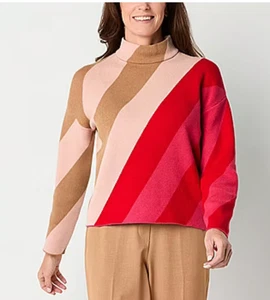 Liz Claiborne Tunic Length Sweater Mock Turtleneck Pink Multi Stripe NWT - Picture 1 of 5