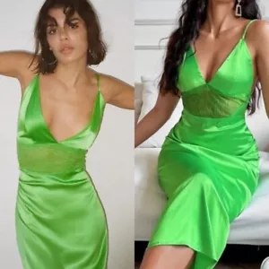 Zara Blogger Fave Satin Effect Lace Slip Dress in Green Size Medium - Picture 1 of 6