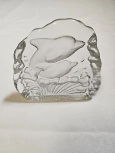 Solid Crystal Glass Ice Block Paperweight Frosted Etched Frolicking Dolphins - Picture 1 of 7