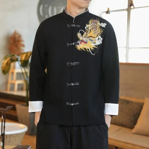Chinese Men Top Shirt Jacket Dragon Embroidered Frog Button Kung Fu Ethnic Retro - Picture 1 of 14